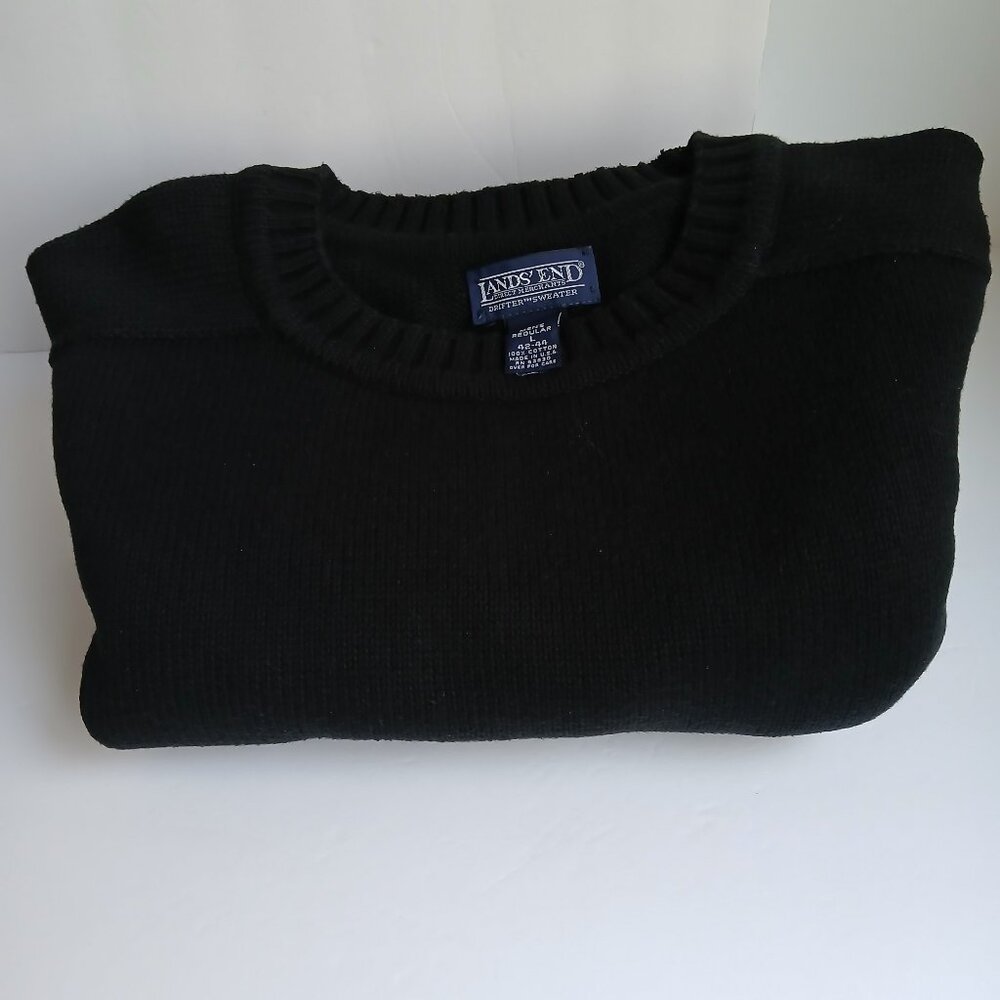 Vintage Lands End Black Fine Gauge Cotton Crew Neck Sweater Made In USA Sz L